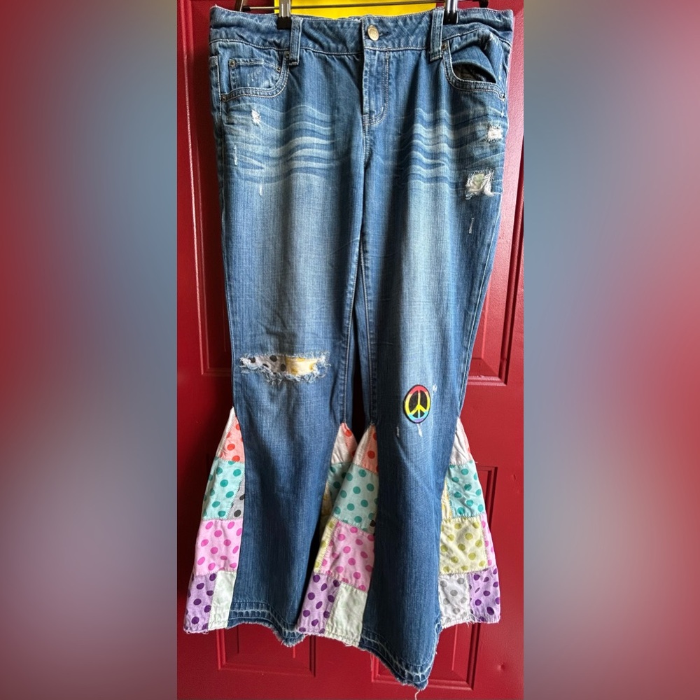 American Eagle Outfitters Favorite Boyfriend Blue Patchwork Flare Jeans, Women’s